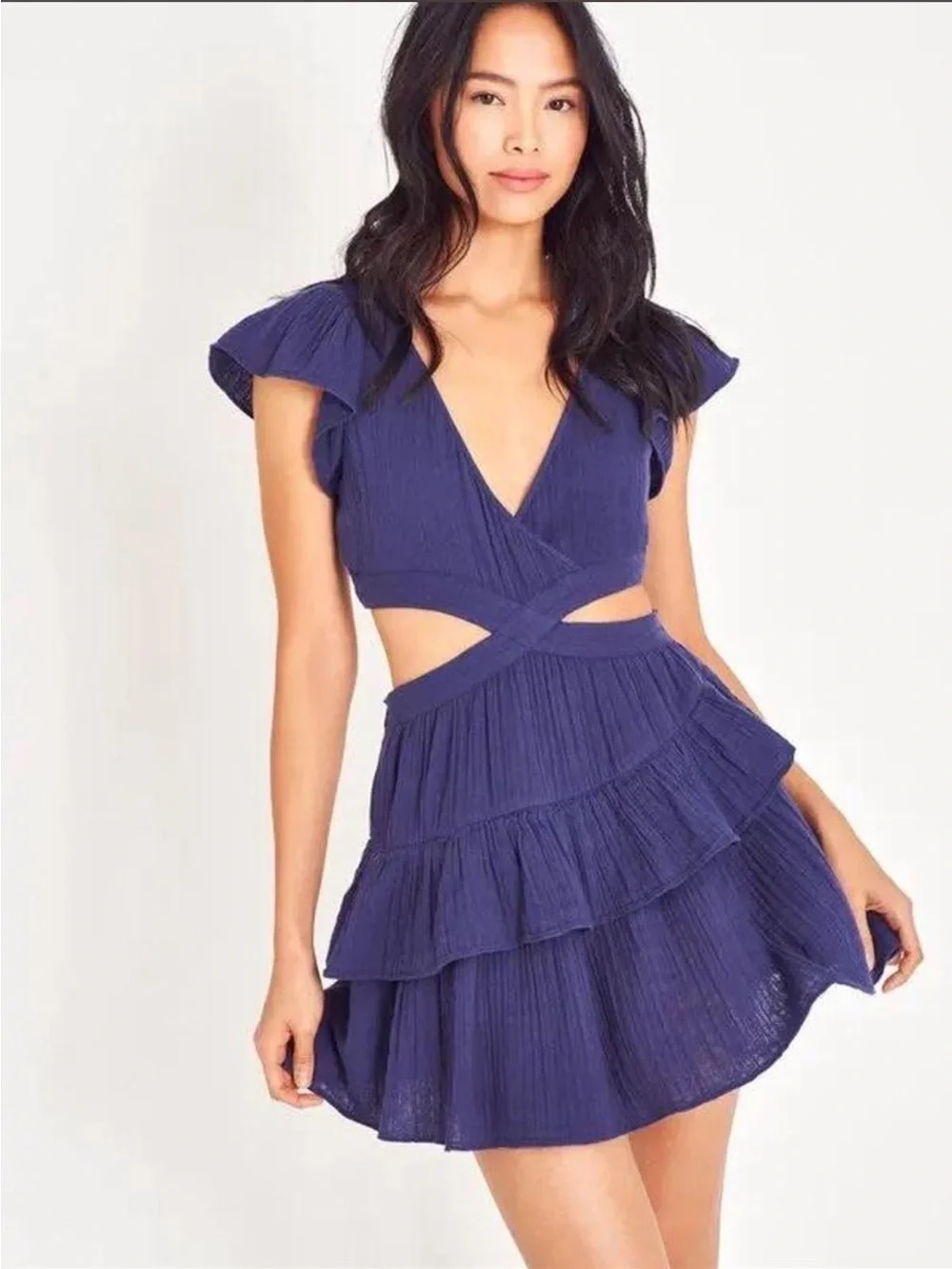 LoveShackFancy Audrina Cutout Rich Blue Ruffled Mini Dress size s